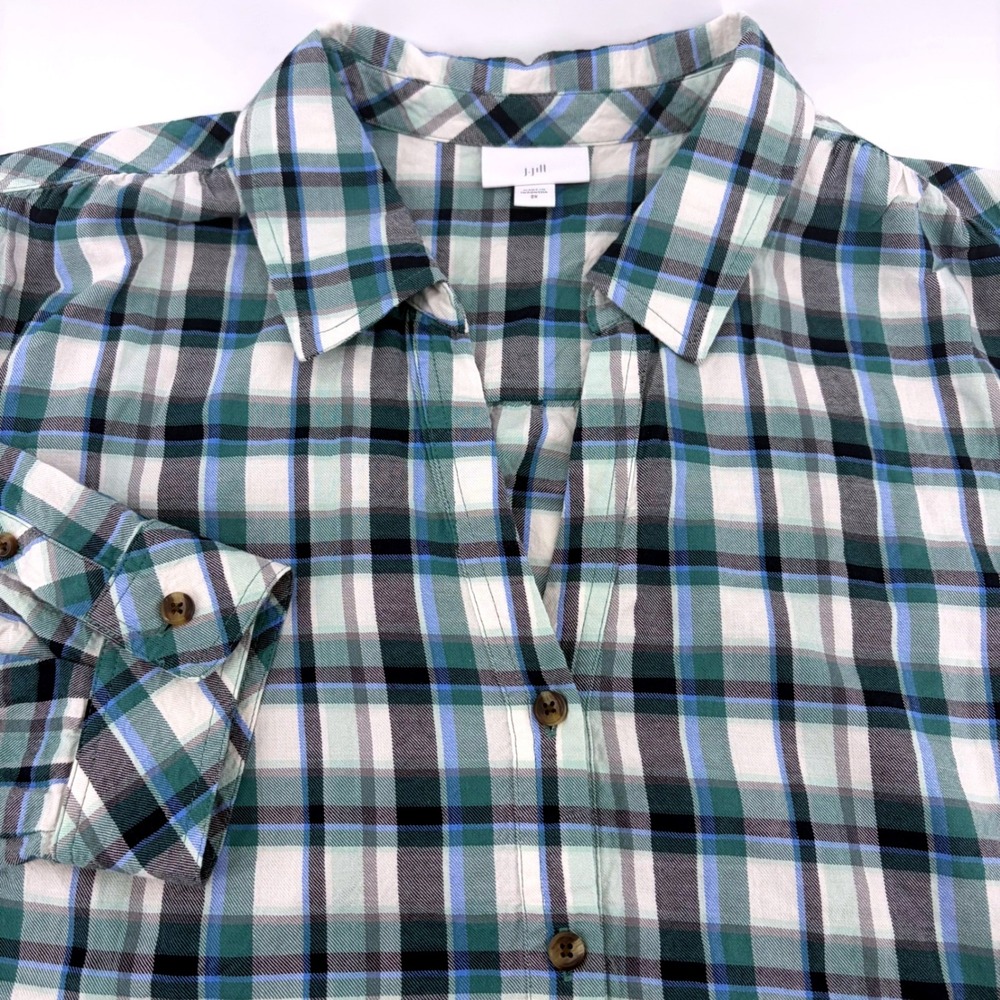 J. Jill Womens 2X Green Blue Plaid Split V-Neck Button Front Tunic
